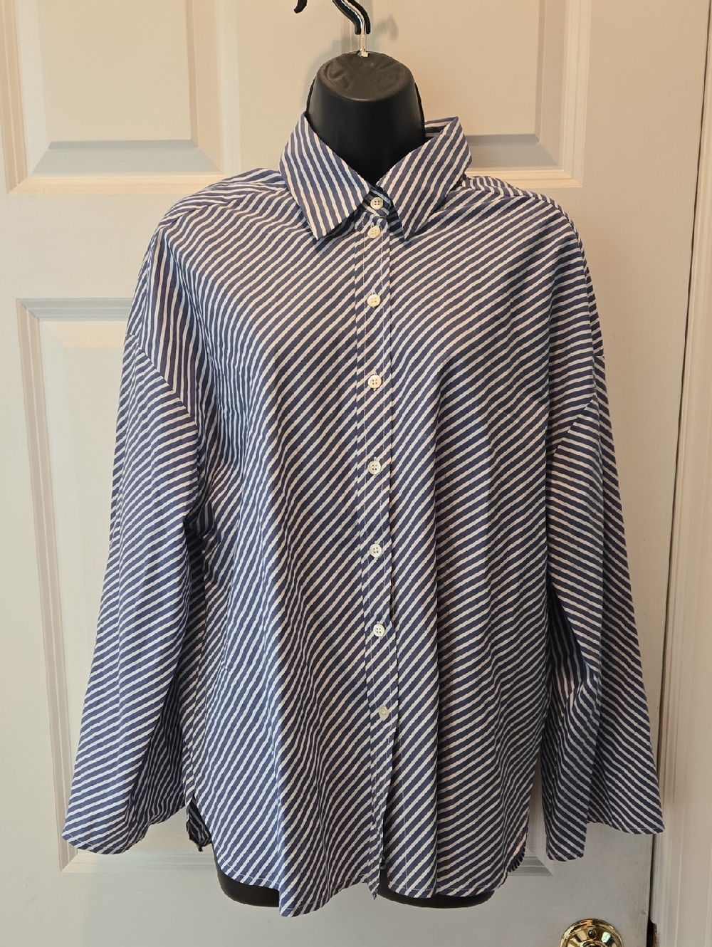 FLOOR Striped Button-down Shirt S Wide Long Wide Sleeve Blue White Top Cotton
